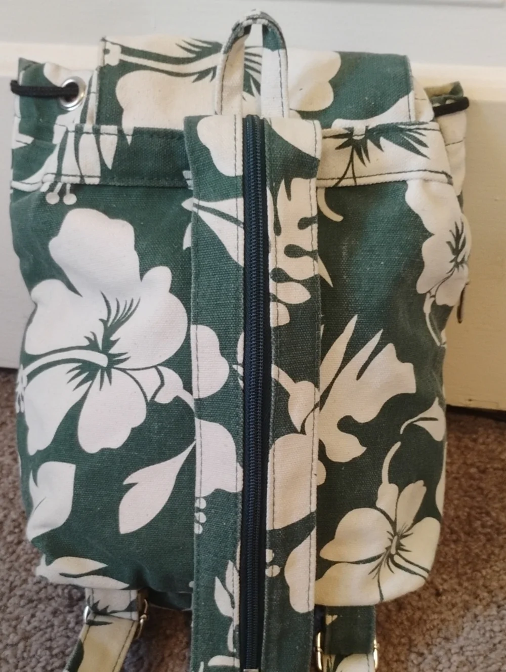 Green Floral Canvas Small Backpack Y2K Vintage Tropical Hibiscus Flower Print